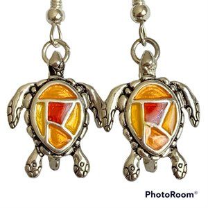 Sea Turtle Earrings Silver Plated Nautical Island Sea Life Pierced Yellow Orange